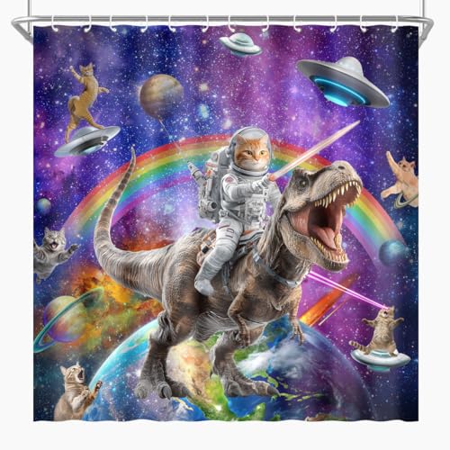 Image of Funny Cat Dinosaur Shower Curtain Fun Cool Hilarious Cats on Fantasy Galaxy Space Universe Anime Kids Bathroom Home Decor Waterproof Polyester Fabric 72Lx72W Inch with Hooks