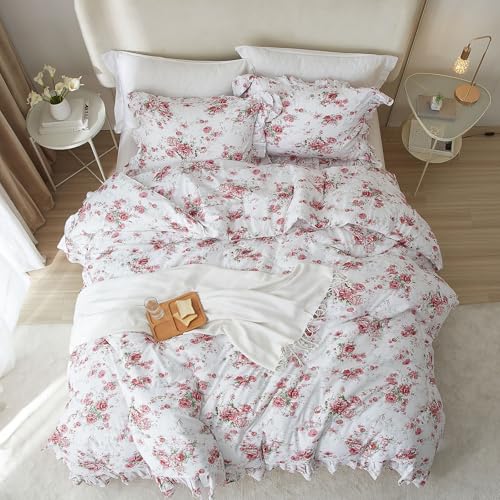 Image of VM VOUGEMARKET Rose Flower Duvet Cover Set Queen Romantic Girls Ruffle Bedding Set Soft Microfiber Botanical Duvet Cover with 2 Pillow Shams