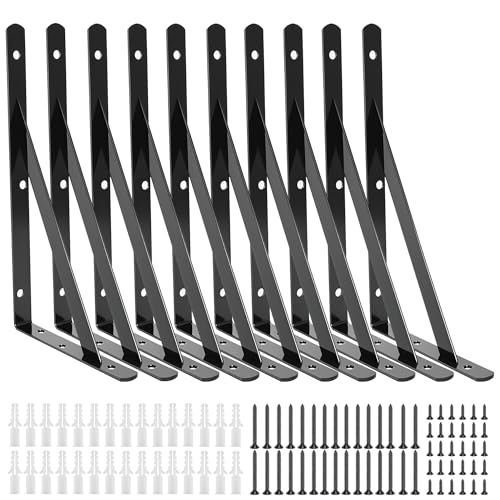 10 Pack L16 x H 10 Heavy Duty Shelf Brackets with Screws Open Floating Shelving Bracket L Brackets Black Metal Shelf Brackets for Shelves Room Pantry Garage