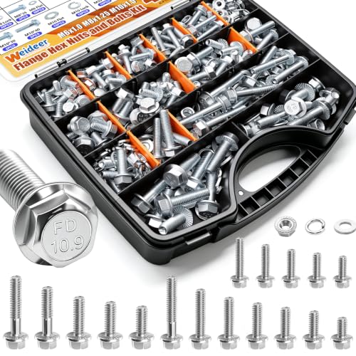 Image of weideer 400PCS Metric Flange Bolt Assortment,M6x1.0 M8x1.25 M10x1.5 Metric Bolt Assortment,Grade 8.8 Alloy Flange Hex Nuts and Bolts Kit (12mm-45mm)