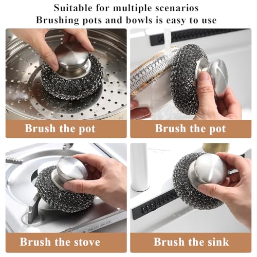 Image of Kyraton Stainless Steel Scourers with Handle to Protect Your Hand Set of 5, Big Metal Wire Wool 4 x 4in Confortable to Hold and Durable and Strong