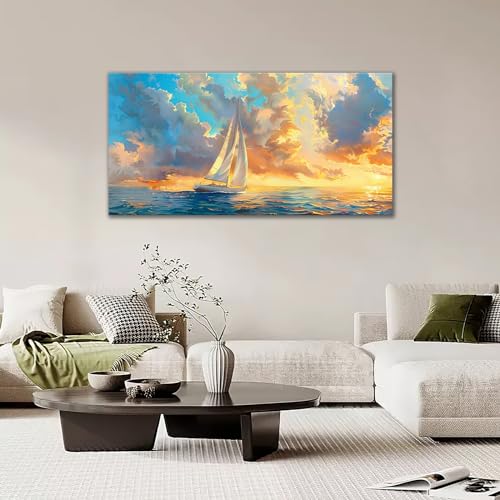 Mecowcm 30x60 inch Large Ocean Sailboat Wall Art Blue Coastal Pictures Wall Décor Abstract Ocean Canvas Print Painting Artwork Modern Home Decoration for Living Room Bedroom Office - Image 2