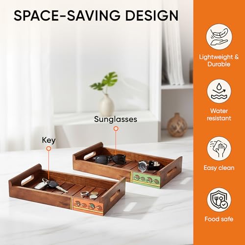 Image of AAKRITI ART CREATIONS Trays with Floral Art Handcrafted in Rosewood Set of 2 | Natural Brown Wooden Trays & Platters with Handle | Matte Finish Home | Dining Table & Kitchen Organizer