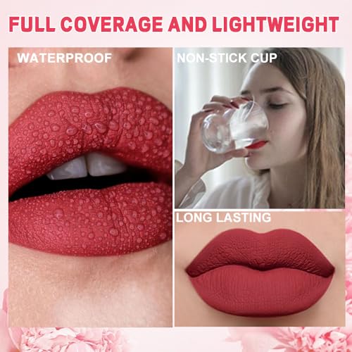 Image of evpct 1Pcs Ruby Red Matte Liquid Lipstick Lip Stain Sets for Women, Peony Flower Dark Red Matte+Lipstick Long Lasting Permanent 24 hr Hours Magic Lipstick 24 Hours original Waterproof, 04#