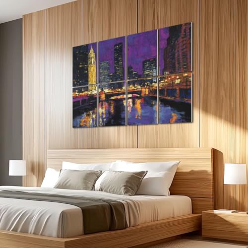 8 Pack Paneles Acústicos para Absorción de Sonido Decorativos Skyline Chicago Noche Reflejo Río Puentes 48x32 pulgadas miniatura 5