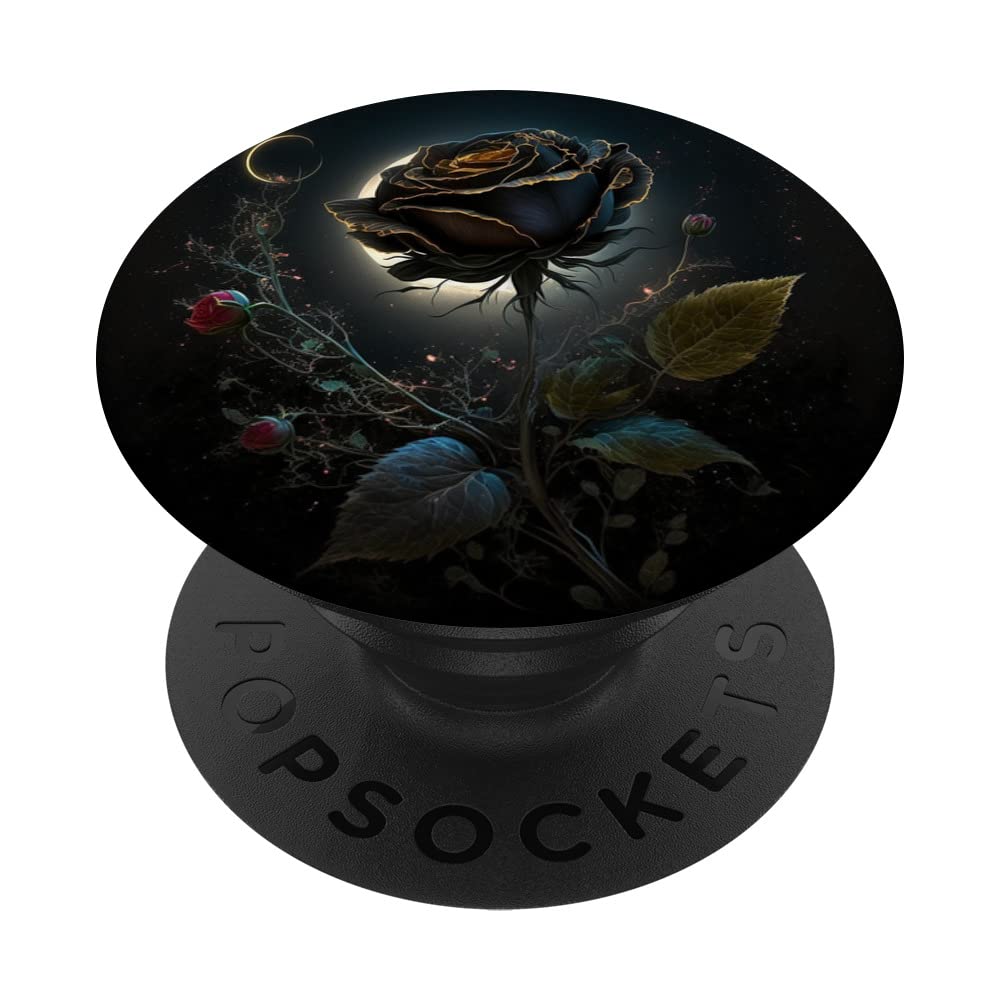 Black Pressed Flower Tropical Flower Design Floral Black Rose PopSockets Swappable PopGrip Phone Grip for iPhone 11, 12, 13, 14 - Black