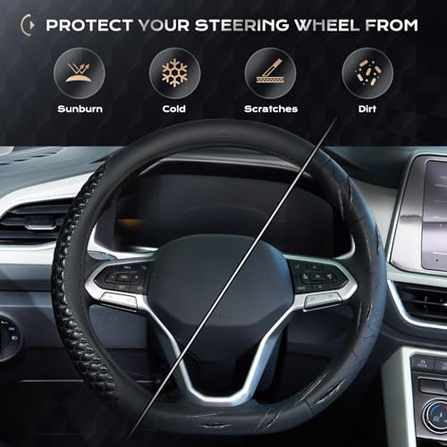 Image of Coverado Car Steering Wheel Cover, Nappa Leather Black Steering Wheel Covers, Universal 14-15 inch, Anti-Slip, Breathable Steering Wheel Protector for Women Men