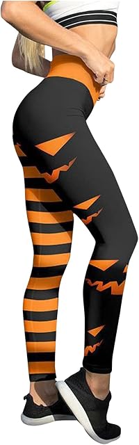 N/AB Yoga Pants Halloween Skull Pumpkin Printed Leggings Women - Sports High Waist Elastic Stretch Full Length Pant Fitness Ladies Jogging Skinny Casual Pencil Pants (Black & Orange, L)