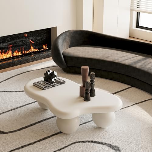 KEIKI 40 Cloud Shaped Coffee Table with 3 Ball Legs Low Modern Wooden Coffee Table for Living Room Office or Small Spaces Cream White
