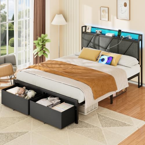 Image of Queen Bed Frame with 2 Storage Drawers & Upholstered Headboard | Metal Platform Bed with Storage Shelf, Charging Station, LED Lights and Heavy-Duty slats, No Spring Box Needed, Noise-Free