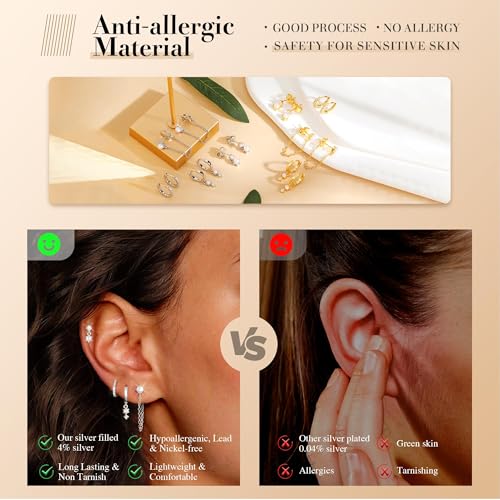 Kenivira Sterling Silver Plated Earrings Set for Women Trendy,Pearl Stud Huggie Dangle Chain Earring Stacks Hypoallergenic, Cute Small CZ Hoop Earring Sets for Multiple Piercing - image 5