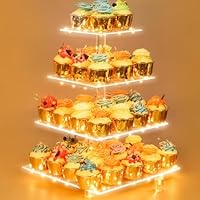 weddingwish 4 Tiers Acrylic LED String Lights Cupcake Stands Tower Tree-Cupcake Carrier-Clear Tiered Cake Stand- Dessert Stands-Cupcake Display Stand