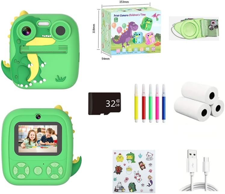 キッズカメラインスタントプリント、男の子女の子のおもちゃデジタルカメラ、プリントペーパー&32G TFカード付き、恐竜セルフィーカメラ、カラーペン&ステッカー付き、子供用ビデオビデオカメラ学習カメラ、ストラップ付き、誕生日プレゼント