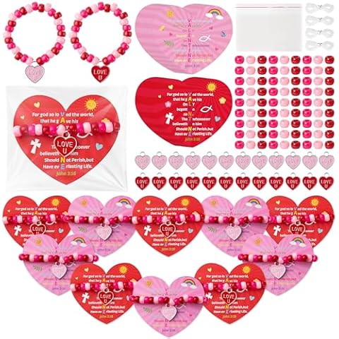 TICIAGA Valentines Greeting Card Bracelet Kit - 24PCS Bible Heart Gift Card with Bracelet Craft Kit for Kid Valentine’s Day DIY Beads Bracelet John 3:16 Christian Churn Exchange Gift for Sunday School Cover