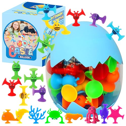 Juego de Ventosas para Niños 50 Piezas Juguetes de Succión Gel de Sílice con Caja de Almacenamiento para Huevos de Dinosaurio Juguetes Baño Bebe para Niños 3-7 Años