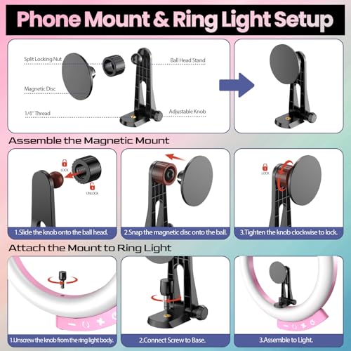 Image of UBeesize 12'' LED Ring Light with 62'' Tripod Stand and Magnetic Phone Holder, Selfie Ring Light for Video Recording, Live Streaming, Compatible with iPhone & Android (Pink)