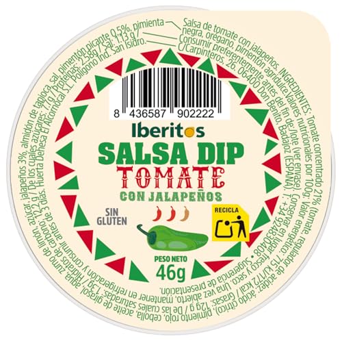 Iberitos– Caja 12 pack Salsa Dip Tomate con Jalapeños 2×46gr– Monodosis – Crema de Tomate Picante – Para Snacks y Aperitivos