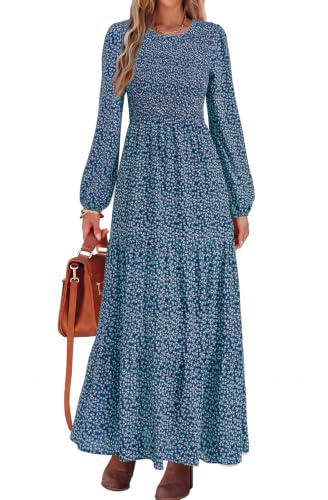 Image of PRETTYGARDEN Women's Fall Dresses 2026 Long Sleeve Flowy Casual Floral Maxi Dress Crew Neck Smocked Tiered Long Dress