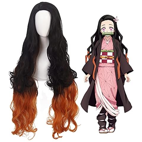 MUZIWIG Kamado Nezuko Cosplay Wig, Anime Demon Slayer Kimetsu No Yaiba Synthetic Hair with Free Wig Cap for Halloween Carnival Birthday Party Costume Accessories Cover