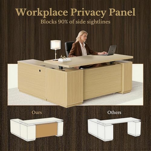 Image of 70 Inches L Shaped Executive Standing Desk, Electric Height Adjustable Desk with File Cabinet, Computer Corner Table with AC /USB and Privacy Panel for Home and Office, Light Walnut