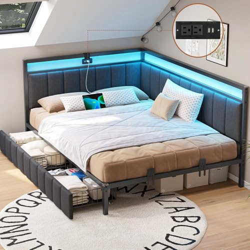 DICTAC Corner Full Bed Frame with 2 Storage Drawers and Charging Station Full Size Platform Bed Frame with Led Lights and Upholstered Guardrail Full Size Daybed for Teen/Adult with Storage,Gray