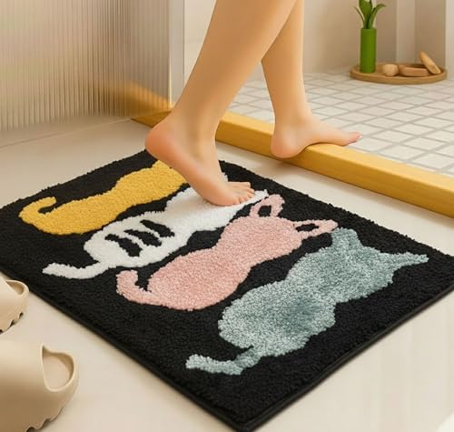 Image of VAS COLLECTIONS Luxurious 2000 GSM Microfiber Bath Mat | Super Soft, Thick & Fluffy | Anti-Skid, Super Absorbent, Bathroom /Bedroom /Kitchen /Door Mat (40x60 cm, Pack of 1) (Cat Print)