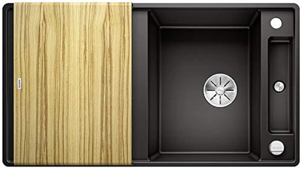 BLANCO AXIA III 5 S-F | SILGRANIT Granite Sink in Black | Installation Type: flushmount | Reversible | with Wooden Cutting Board | for 50 cm Wide Base cabinets | Easy to Clean | [90.5x50x20.2 cm]