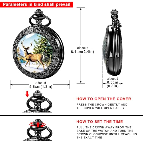 Image of Deer Pocket Watch for Men Pocket Watches with Chain Gift for Father's Day | Vintage Deer Case Pocket Watch Mens Quartz Watches with Chains Christmas Graduation Birthday Gifts Fathers Day