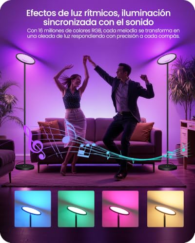 Miniatura 3 de Lámpara de Pie RGB con Control por Aplicación y Voz, Compatible con Alexa, Sincronización Musical, Temporizador, Lámpara de Pie LED Inteligente, 30 W, Luz del 10 al 100%, para Salón, Negro