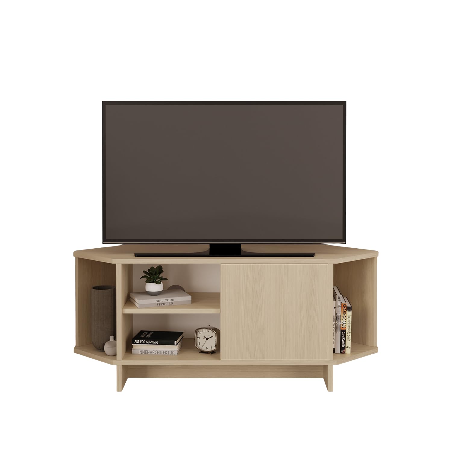 Bimossa Teo Corner TV Stand โ Space-Saving TV Unit for 43โ48'' TVs, Compact Media Console with Open Shelves & Cabinet, Ready to Assemble, Available in 5 Colours (Light Oak)