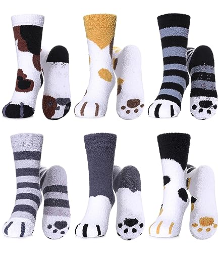 LINEMIN Kids Fuzzy Socks Boys Girls with Grips Non Slip Slipper Socks Cozy Fluffy Winter Warm Crew Socks 6 Pairs (Cat Paw, 8-12 Years)