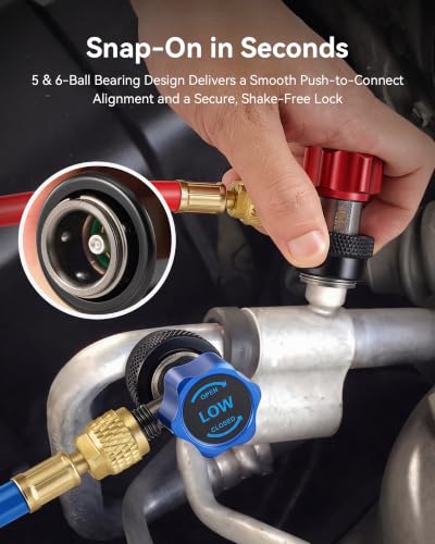 Image of OMT R134a Quick Coupler Adapters High Low Pressure Connectors Set | Aluminum & Nickel-Plated Bronze Build; Snap Lock Grip; Leak-Free 6-Ball Design; Auto AC Repair for Technicians