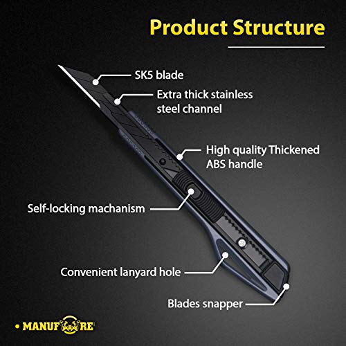 Image of MANUFORE 5pcs 9mm Snap-off Knives with 30-Degree Precision Blade | Black, Safety Auto-lock, 30-Degree Sharp Blade, Lightweight Portable, Retractable Film Cutting Knife for Paper, tint, decals