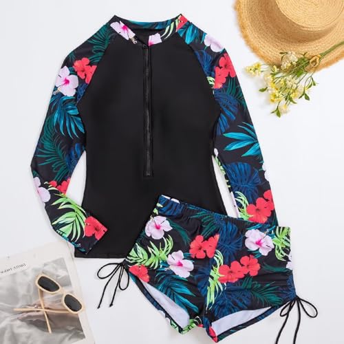 Women Long Sleeve Swimsuits Two Piece Rash Guard with Boy Shorts Zipper Swimsuit UPF 50 Modest Bathing Suit4