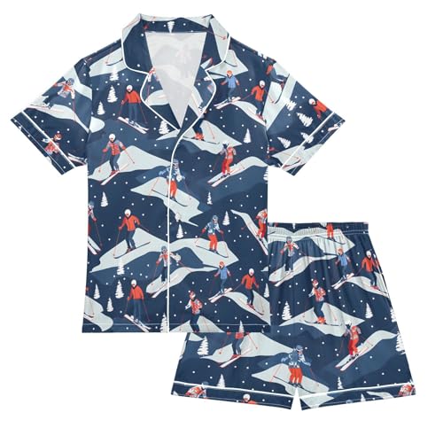 ALAZA Skiers Pine Tree Snow Satin Pajamas Set Short Sleeve Button Down Sleepwear Summer Pjs 2 Piece