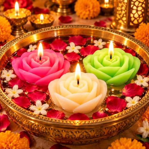 Image of UPYOG Diwali Diya Decoration Floating Candles Giant Rose Candles | 3 Pcs Bulk Pack | Smokeless, Dripless & Long Lasting Water Lamp Candles Deepawali Decor