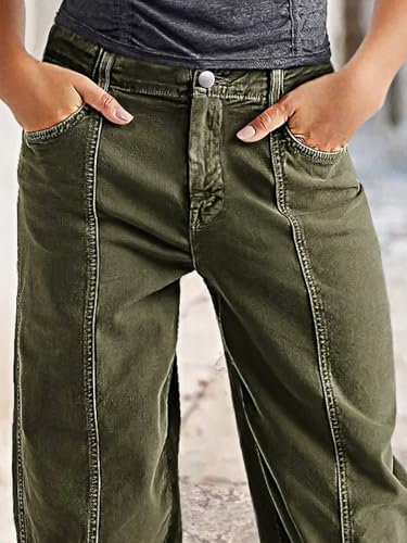 Flamingals Women's Straight Leg Pants Mid Rise Barrel Boyfriend Roll Hem Stitch Front Patch Pocket Cropped Pants3