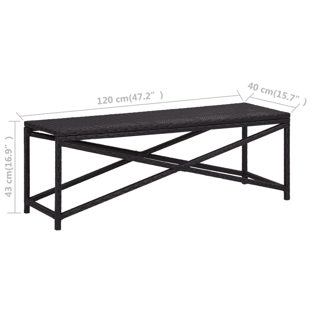 Banco de jardín de 120 cm de ratán sintético resistente a la intemperie en negro, ratán de polietileno impermeable, estructura de acero pulverizado, fácil de limpiar y estable para terraza