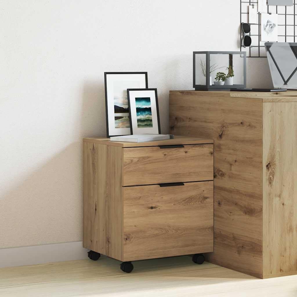 Mobiler Aktenschrank auf Rollen Artisan Eichen-Optik, Kompakter Rollcontainer für das Home Office, Kleiner Büroschrank mit 4 Rollen für Unterlagen und Dokumente, 45x38x54 cm