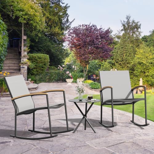 Image of Shintenchi 3 Pieces Patio Rocking Bistro Sets,Outdoor Textilene Fabric Conversation Bistro Set,Front Porch Rocker Chairs Small Patio Furniture Set with Table for Lawn,Garden,Balcony(Light Gray)