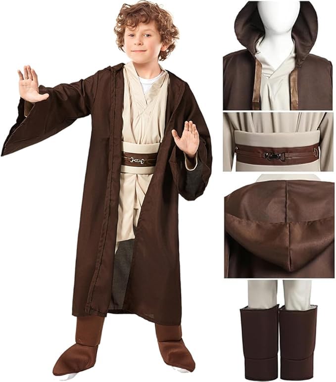 SINSEN Jedi Costume for Kids Jedi Tunic Hooded Robe Belt Lightsaber Top Pant Obi Wan Dress Up Outfit for Halloween Cosplay Party Costume for Boys Girls Ages 3-12 Years