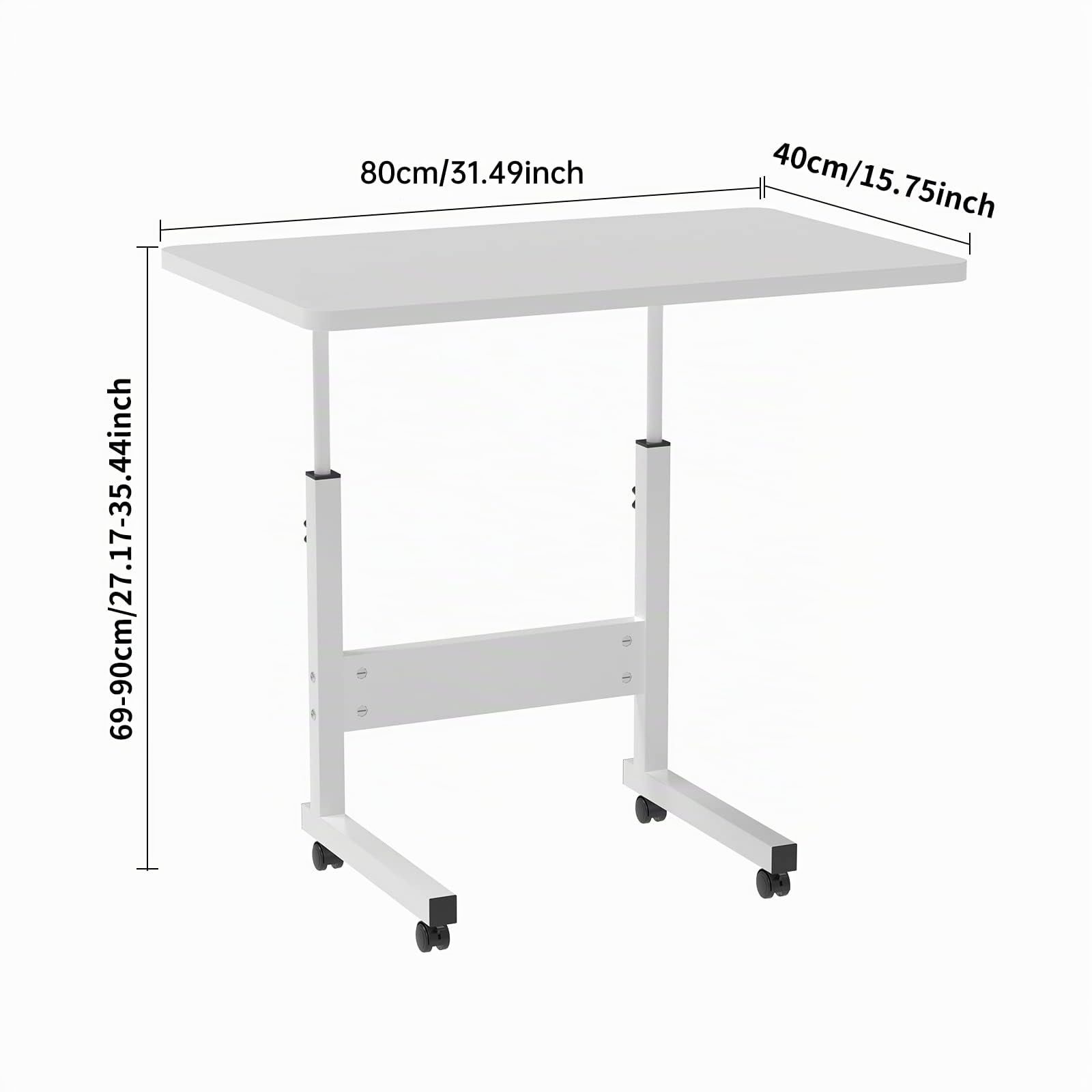 Escritorio con Ruedas, Mesa de Ordenador con Ruedas, Mesa Auxiliar de Altura Ajustable para Dormitorio, Sala de Estar，80x40cm Blanco