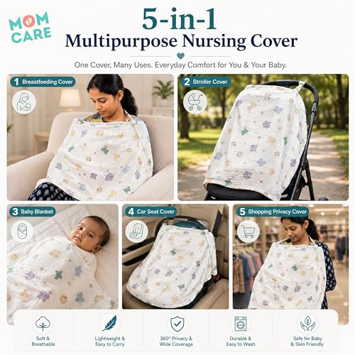 Image of MOM CARE 6 Layer Muslin Nursing Cover for Breastfeeding | Ultra Soft Muslin Feeding Apron for Moms | Breathable Breastfeeding Cover | Baby Feeding Privacy Cover | Muslin Nursing Shawl | White