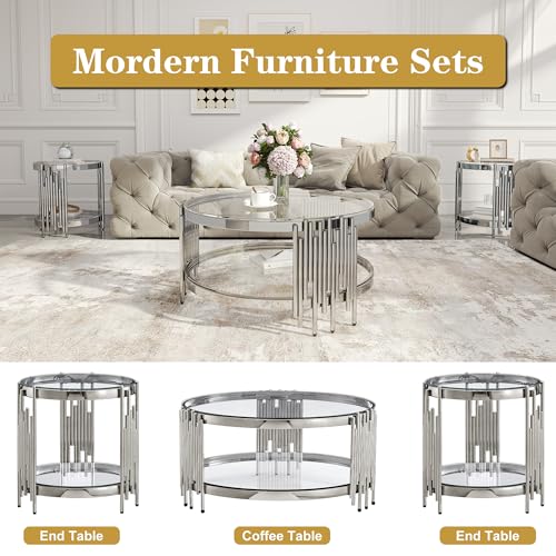 Round Glass Coffee Table Set of 3, End Table Modern Living Room Table, Gold Stainless Steel Irregular Leg Clear Top, Side Table Luxury Furniture for Home Office, Silver Clear - Image 8
