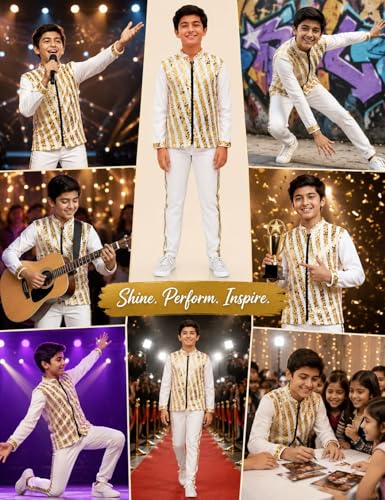 Image of BookMyCostume White & Golden Sequin Western Dance Costume for Boys | Stylish Shiny Full Sleeve Shirt and Pant Set with Zipper Closure | Annual Dance Costume for boys | Fancy Dress for Boys 10-12 Years