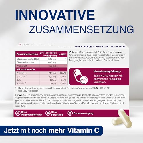 GELENCIUM® Glucosamin Chondroitin hochdosiert – 2.325 mg Tagesdosis - mit Weihrauch & Mikronährstoffen - 120 Kapseln