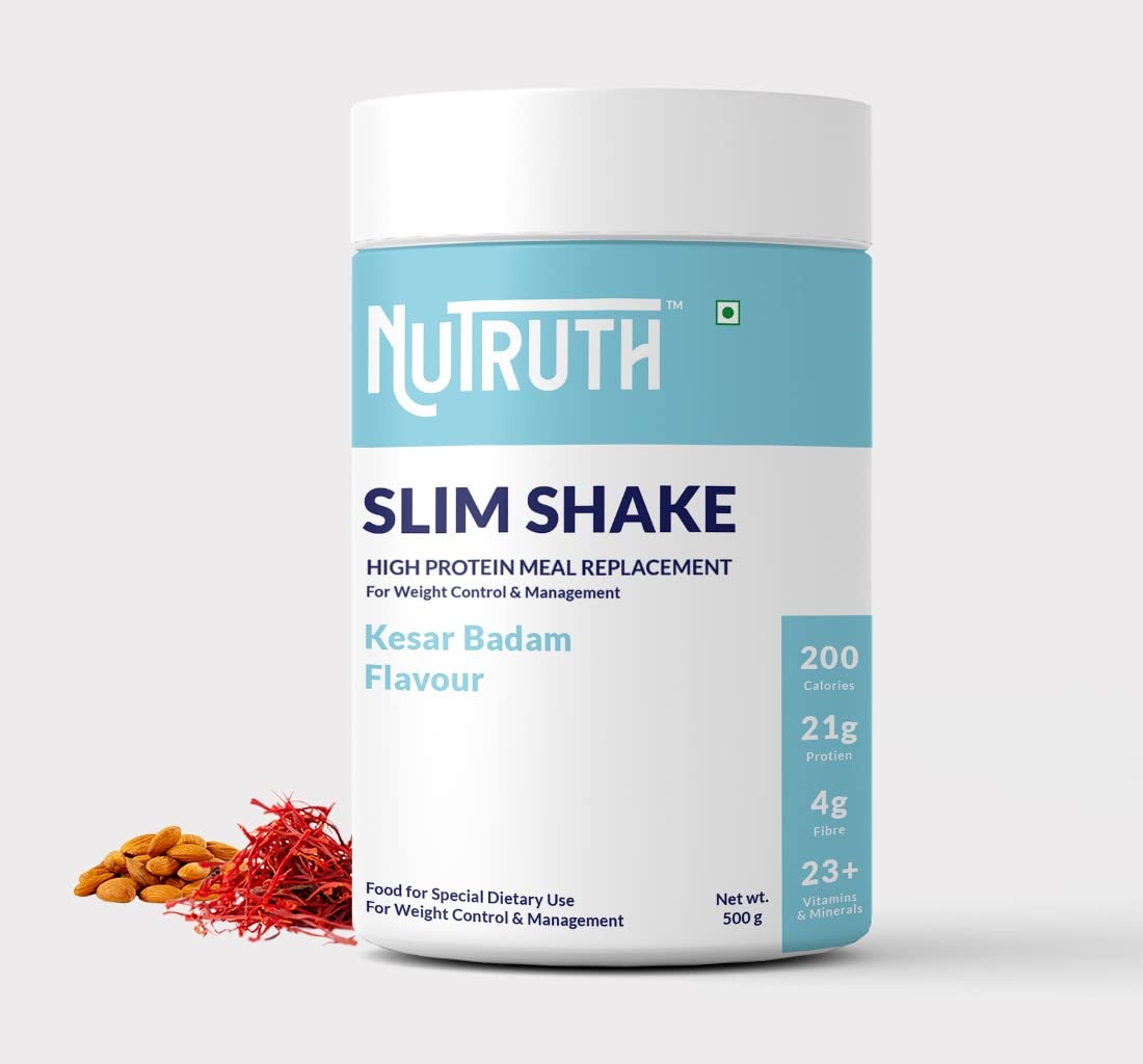 High Protein Meal Replacement Kesar Badam Flavoured Slim Shake | 21 Gm Protein/Serving | Weight Control & Management Protein Shake (500 Gm)