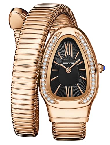 Gosasa Stylish Women's Snake Shape Bangle Watch Unique Design Snake Coil Elegant Dress Diamond Bracelet Ladies Quartz Wristwatch with Roman Numerals Dial, Rose Black, Unique