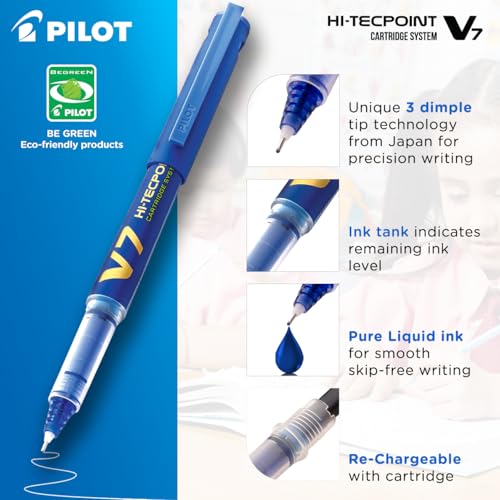 Pilot V7 Hi-tecpoint Roller ball pen with Cartridge System - 2 Blue Pens, 4 cartridges (Image - 3)