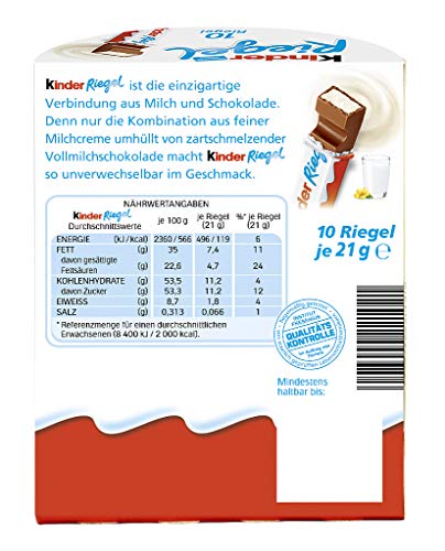 Kinder Riegel - 10 Einzelriegel, einzeln verpackte Schokoriegel, zartschmelzende Vollmilchschokolade mit Milchcremefüllung, ohne Farb- und Konservierungsstoffe, 210g
